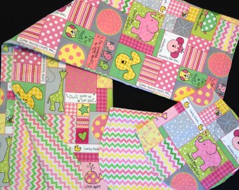 Hemstitch jungle Receiving blanket & 2 burp cloths, crochet, top quality flannel, chevron, lion monkey turtle giraffe, pink yellow green