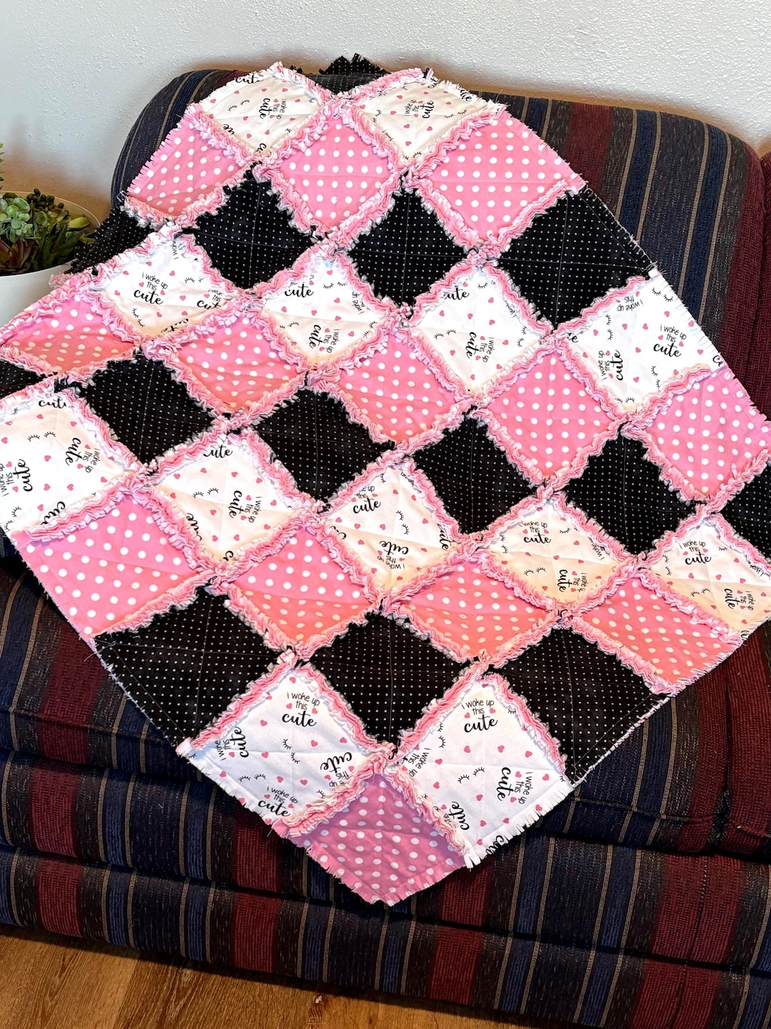 Pink Black White Rag Quilt Kit, I Just Woke up This Cute, Girl Pre Cut ...