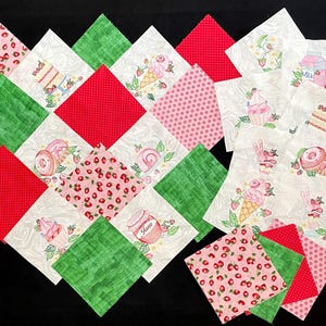 Strawberry quilt blocks, embroidered 8&quot; pre cut squares, 72 blocks, strawberry treats, ice cream, donuts, patchwork quilt top, green red