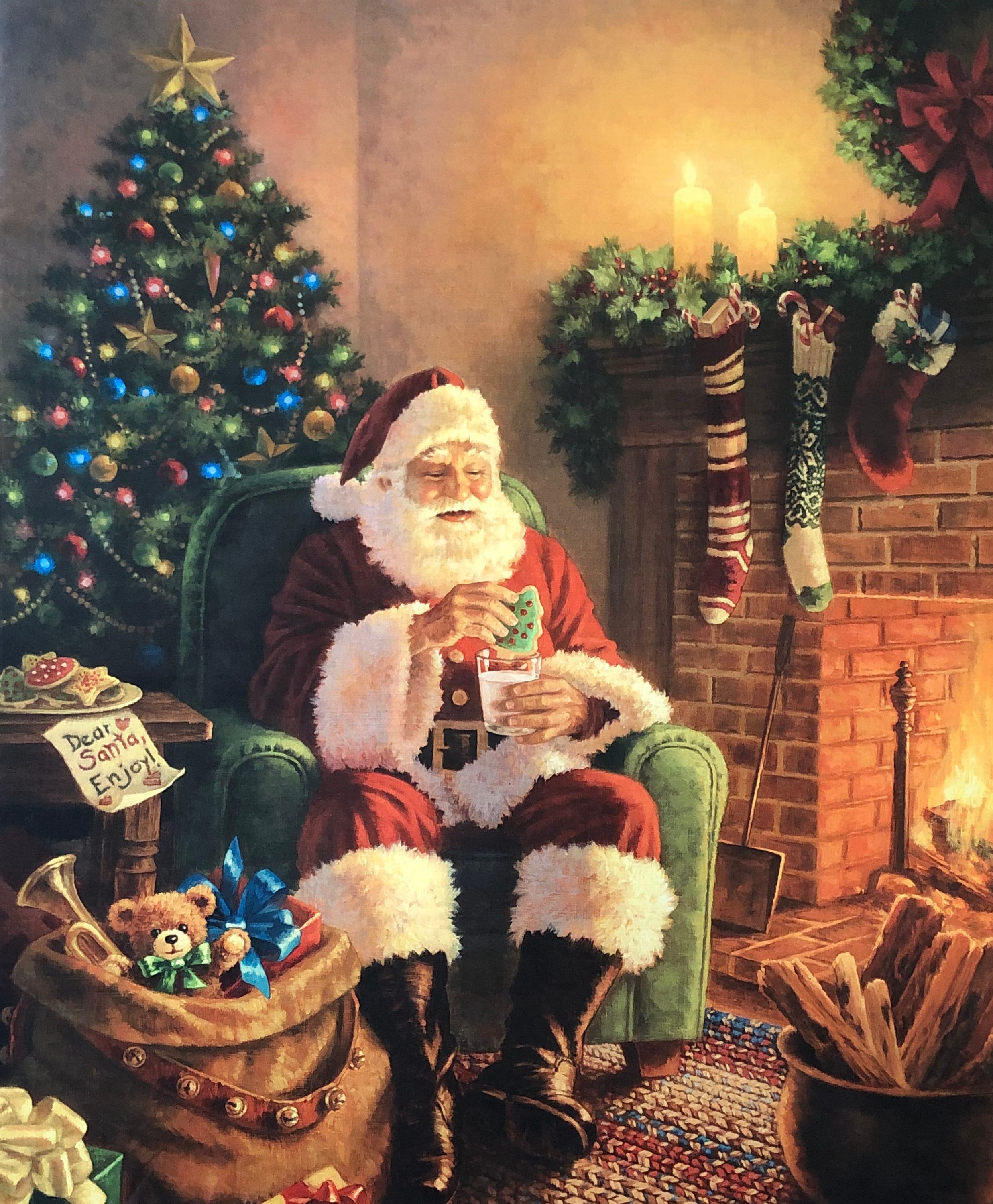 Santa Clause A Classic Christmas Fabric Panel, Cookies and Milk