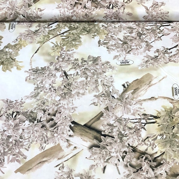 Snow King's Camo Tree blossom leaves, snow shadow, branches, fabric white beige brown, spring blossoms, snowy tree, by Riley Blake