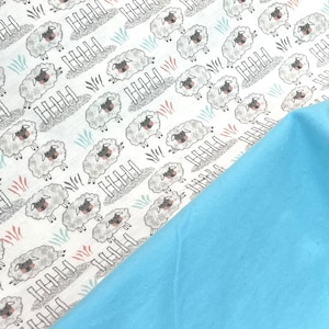 Sheep Flannel fabric, peach blue black white gray tossed sheep, top quality quilting crafts sewing, blue coordinate, baby, yd or 1 1/2 yd