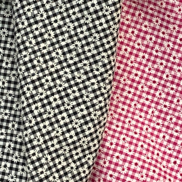 Gingham Daisy flocked fabric, checkered purple, pink, black, quilt fabric, dress making fabric, table cloth, by the yard, doll dress fabric