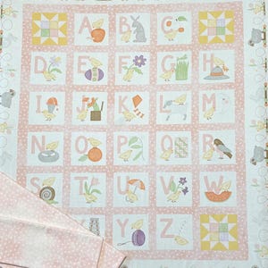 Little Chicks quilt kit - Alphabet 36&quot; in pink  by Bonnie Sullivan for Maywood Studio 100% Cotton Flannel, top binding and backing included