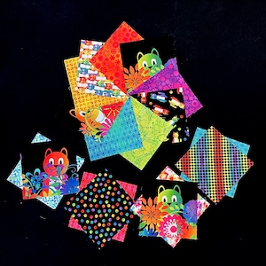 42 kitten cat flower 7 inch pre cut fabric quilt square blocks, checks, dots, bright colors, rainbow colors DIY kitty quilt top, 100% cotton