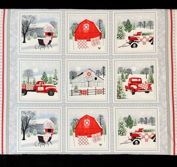 Holiday Heartland Fabric Panel Red Truck Barn Snow Quilt Shop Quality Cotton 
