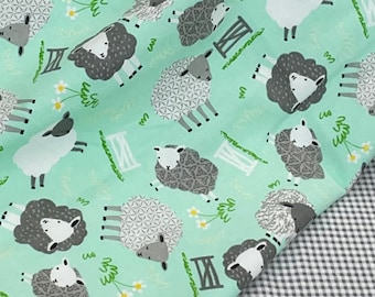 Sheep Flannel fabric, top quality flannel fabric, quilting, crafts, sewing, mint green, gray polka dot,baby decor, sold by yard