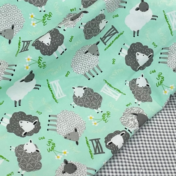 Sheep Flannel fabric, top quality flannel fabric, quilting, crafts, sewing, mint green, gray polka dot,baby decor, sold by yard