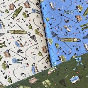Pesca - No lago, pescador, tecido para pesca de truta, alojamento para pesca, pesca de truta arco-íris, verde azul cinza, tecido de baixo por Riley Blake