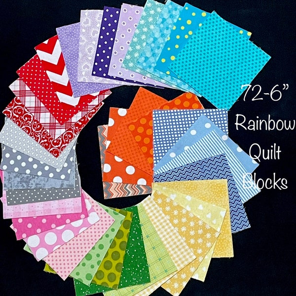 72 Rainbow pre cut 6" squares, 100% cotton FLANNEL fabric-shades of aqua, purple, orange, green, blue, yellow, pink, patchwork or rag quilt