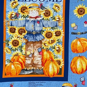 Scarecrow quilt fabric panel, Fall Festival Autumn fabric, Flowers, Thanksgiving harvest, orange blue, pumpkins