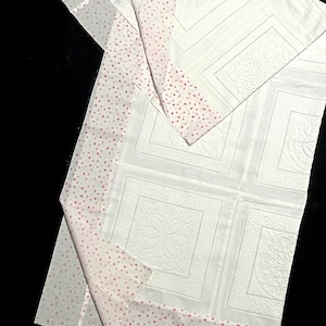 White pink embroidered quilt block quilt top, pink heart border, 12 inch embroidered blocks, pieced handmade patchwork top, ready to quilt