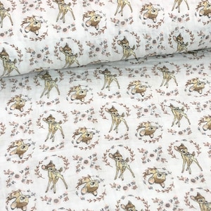 Bambi Disney gauze Fabric, Camelot Disney Bambi Sweet Bambi, Swaddling blanket, flowers pink gray white, 100% cotton fabric by the yard
