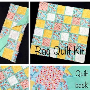 May include: A rag quilt kit featuring a mermaid theme. The kit includes fabric squares in yellow, blue, pink, and white with a mermaid print. The kit also includes a solid green fabric for the back of the quilt. The kit is labeled "Rag Quilt Kit".