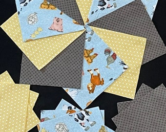 42 farm animal 7" Squares, pre cut flannel quilt blocks, cow pig horse chicken, boy girl, blue orange yellow, patchwork or rag quilt top