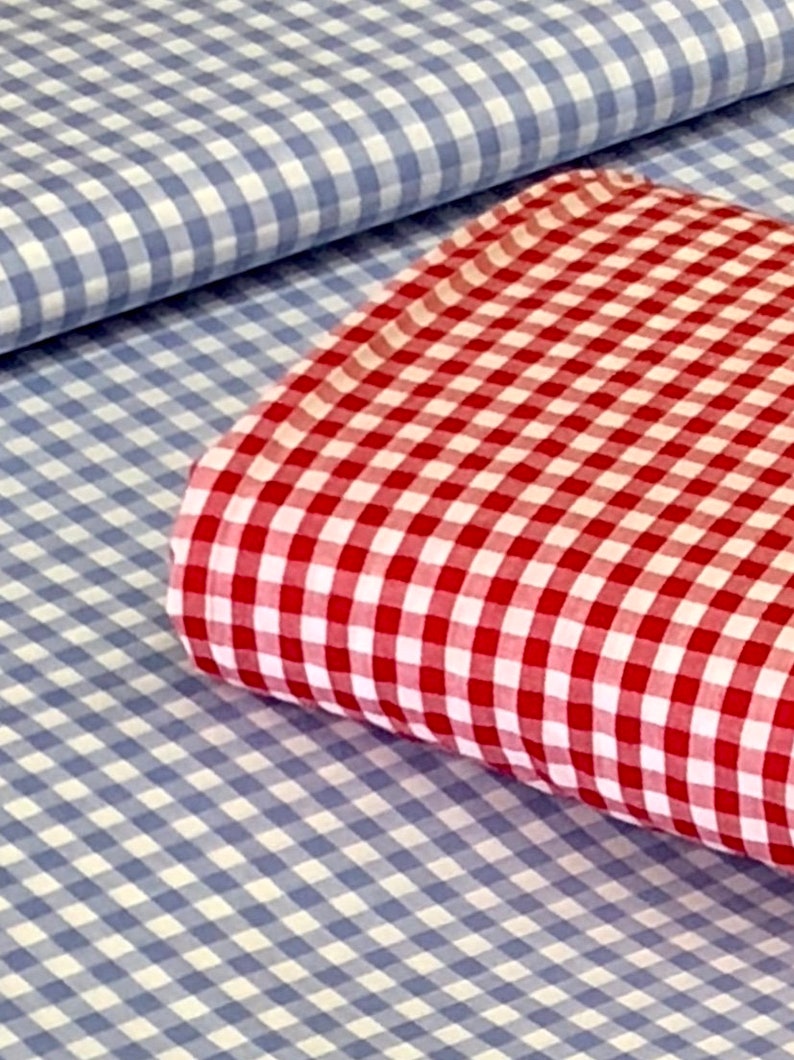 May include: Two pieces of checkered fabric, one blue and white, and the other red and white. The red and white fabric is folded on top of the blue and white fabric.