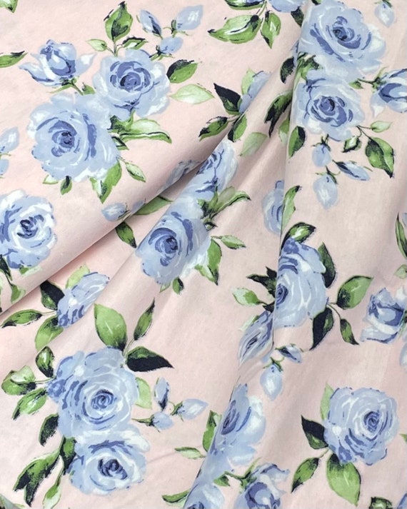 Rose Floral Flower Garden Flannel Fabric, Blue on Pink, Navy on