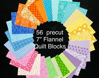 56 Rainbow pre cut 7" squares, 100% cotton FLANNEL fabric - shades of purple aqua orange green blue yellow pink,  patchwork or rag quilt