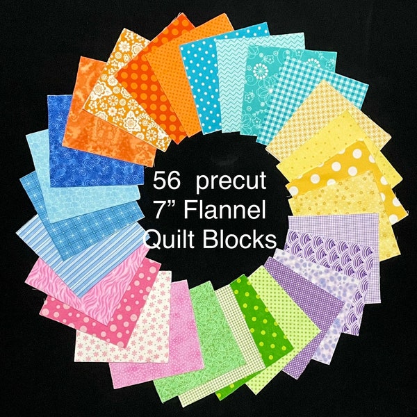 56 Rainbow pre cut 7" squares, 100% cotton FLANNEL fabric - shades of purple aqua orange green blue yellow pink,  patchwork or rag quilt