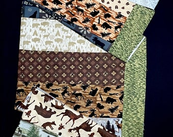 Woodland Deer Quilt Top, flannel Handmade Lap Quilt, patchwork quilt, green brown, deer bear moose silhouette, pinecone, unfinished quilt