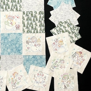 48 embroidered Snowmen 7&quot; pre cut square fabric cotton quilt blocks Squares, Holiday quilt, frosty friends, blue green white snowflakes