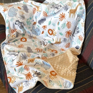 Jungle Minky baby blanket, Newborn, zebra lion elephant hippo giraffe receiving blanket, beige tan bubble minky, small carry blanket 29 x 37