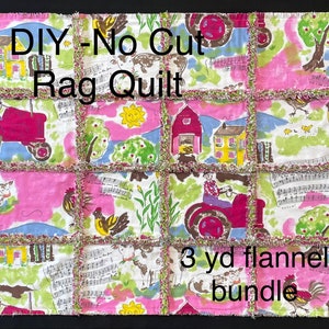 May include: DIY No Cut Rag Quilt with a farm scene and the text "3 yd flannel bundle".