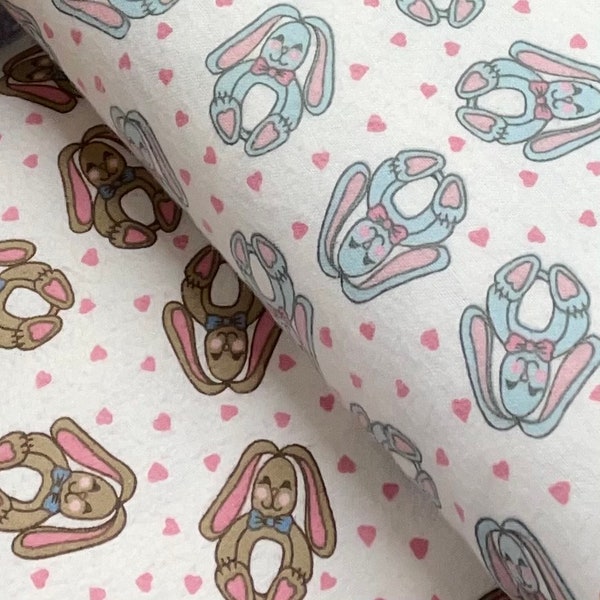 Bunny rabbit hearts, pink blue cotton flannel fabric, baby boy, baby girl quilting fabric, 1 yard panel
