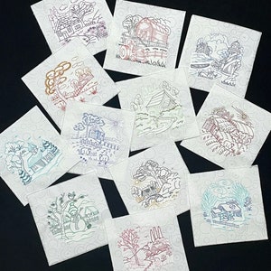 Home stead Embroidered set of 12 on 7&quot; square cotton fabric quilt blocks, Machine Embroidery, gifts, houses, family, home sweet home