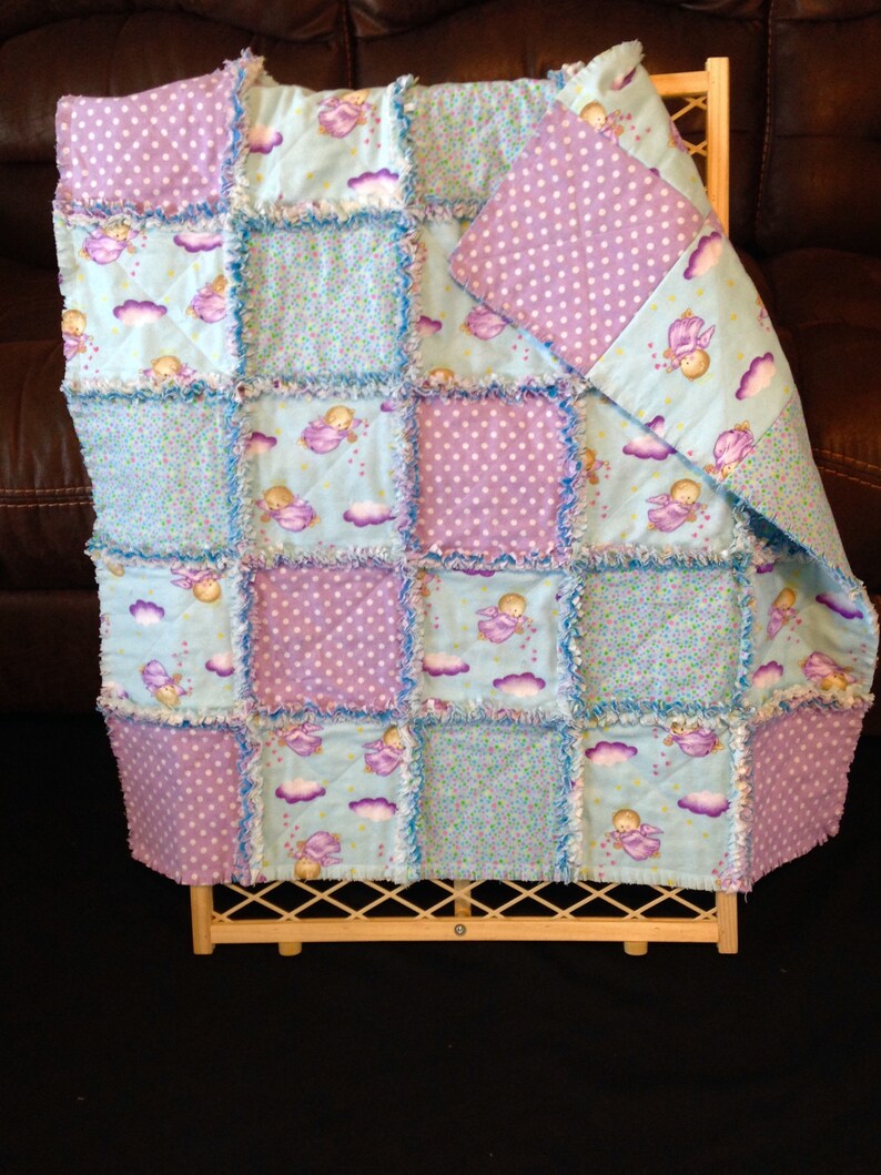 35 x 35 purple aqua blue polka dot hearts Flannel blanket Baby rag quilt Teddy bear angels shower gift 3 layers of top quality flannel