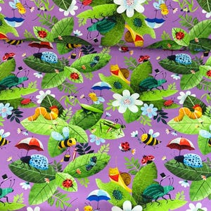 May include: A whimsical fabric pattern featuring a purple background with green leaves, white flowers, and various cartoon insects. The insects include ladybugs, bees, beetles, and snails, some holding umbrellas.