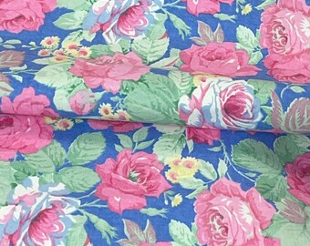 Floral blue pink flower garden flannel fabric, flowers, spring roses, soft vintage look, beautiful quilting flannel fabric, by the yard