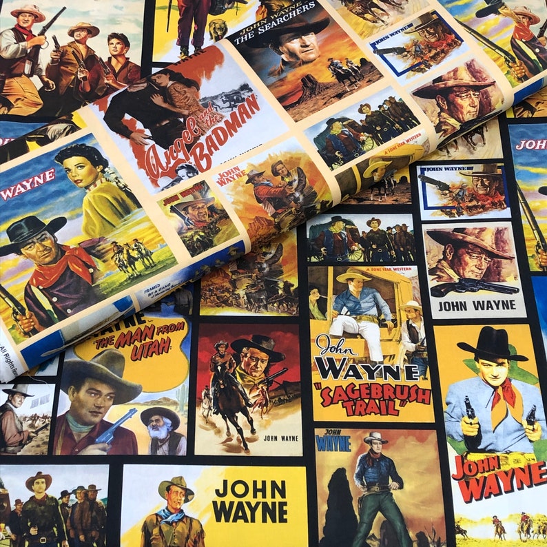 horse John Wayne Fabric by Riley Blake sunset guns framed pictures desert Western cowboy wall hanging Hollywood icon quilt fabric