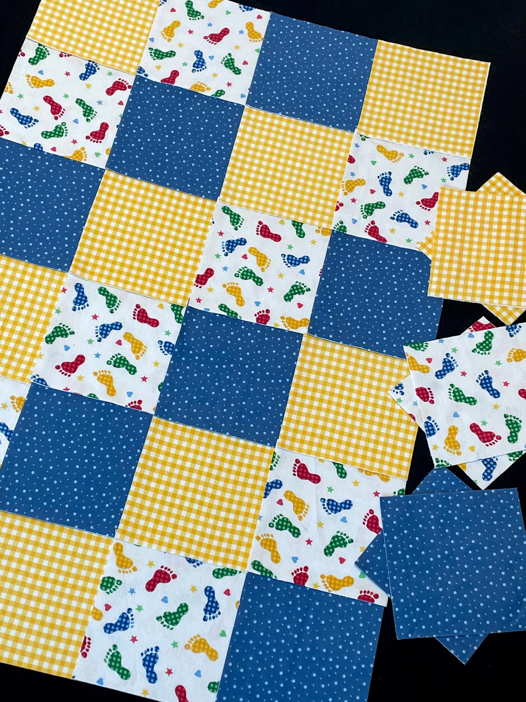 72 Pre Cut Baby Footprint Rag Quilt Kit, 7 Quilt Blocks, Yellow Blue