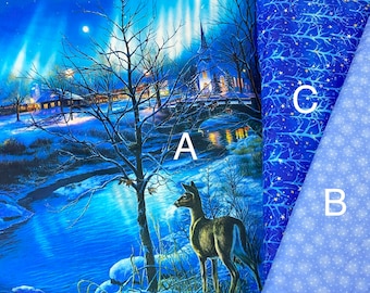 All is Bright Christmas fabric panel, Country Christmas village, reindeer, moonlight, Landscape, starlet Radiant holiday, Elizabeth's Studio
