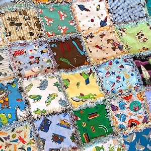 Boy I SPY 72- 7&quot; FLANNEL fabric square rag quilt kit, rainbow back, dinosaur, frog, reptiles, race car, equipment, tools, insects DIY Ispy