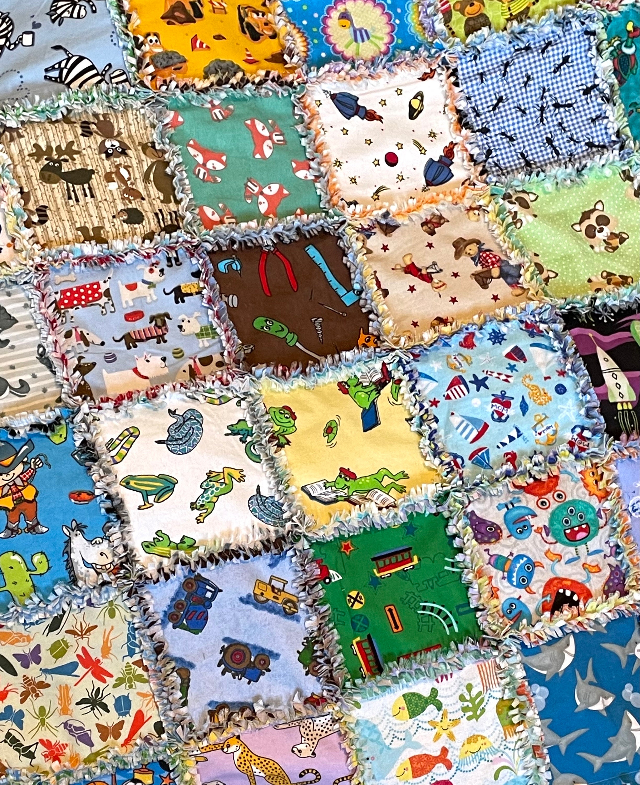 Boy I SPY 72- 7" FLANNEL fabric square rag quilt kit, rainbow back, dinosaur, frog, reptiles, race car, equipment, tools, insects DIY Ispy