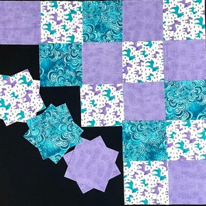May include: A collection of fabric squares in various shades of purple and teal. The squares feature different patterns, including a floral design, a geometric design, and a design with small animals. The squares are arranged in a grid pattern.