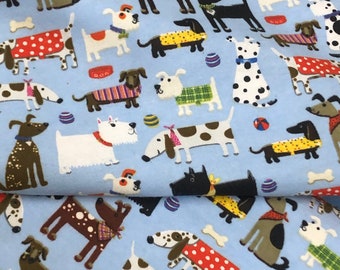 Puppy dog flannel, dog bones, blue. dog dish, polka dot Fabric, Quilting, balls, paw prints, mans best friend, dogs in sweaters, by the yard
