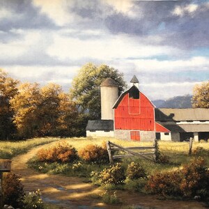 Panel de tela Barnyard Friends de granja campestre, Riley Blake, granero rojo, camino rural de pradera de árboles, colgante de pared, verde beige rojo, costura acolchada