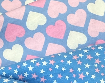 Stars hearts pink, blue flannel Fabric, valentines, independence day, girl flannel, baby quilt backing, by the yard Flannel
