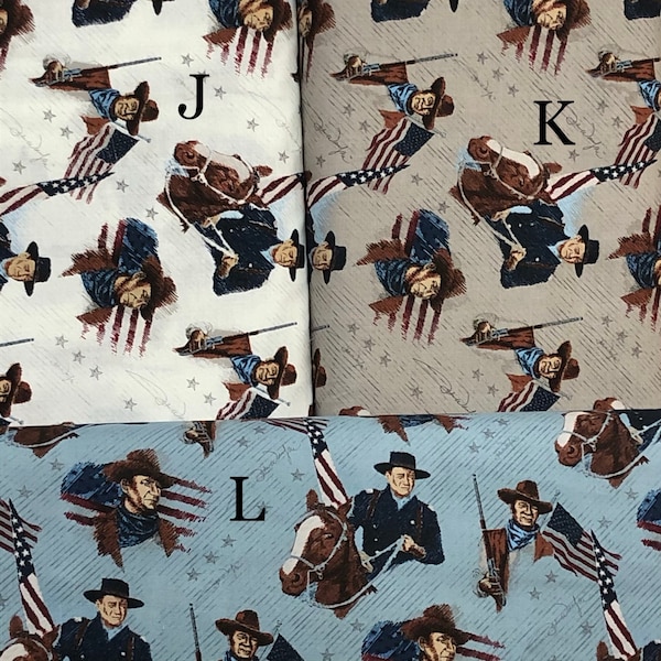 American John Wayne, tessuto a stella, rosso blu crema beige tortora, di Riley Blake, Pronto per la spedizione, Libertà, coraggio, bandiera USA, L'eroe del Duca