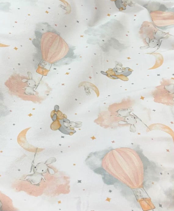 Minky Honey Bunny, Bunny in the Clouds, MASMK10918-W by Maywood Studio, 60" Minky, soft smooth, blanket fabric, hot air balloon, airplane