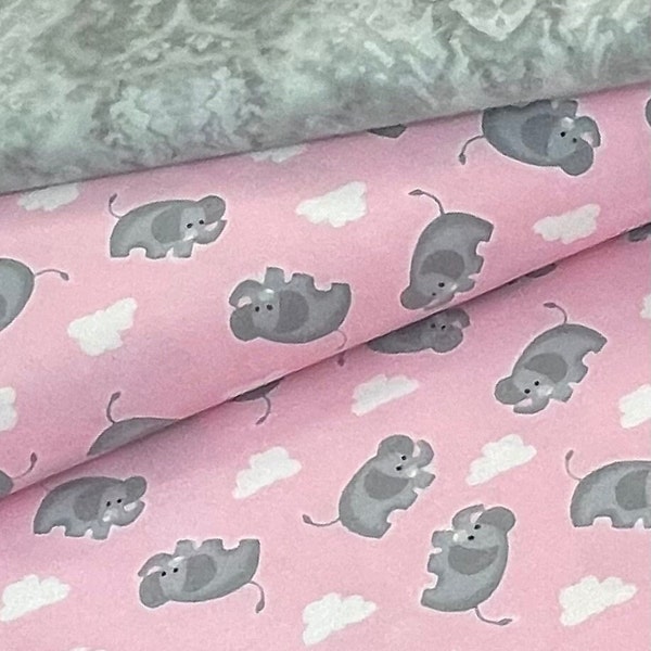 Elephant on pink, gray coordinate, flannel, white clouds on pink, Baby elephant blanket fabric, gray swirl fabric, by the yard