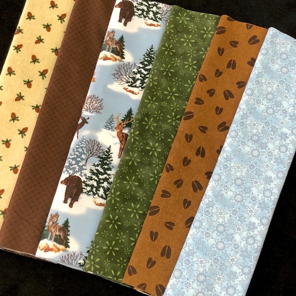 Deer moose fabric bundle, 1/2 yd cuts, wilderness woodland, deer hoof, snowflake green rust tan blue, acorn  top quality cotton flannel