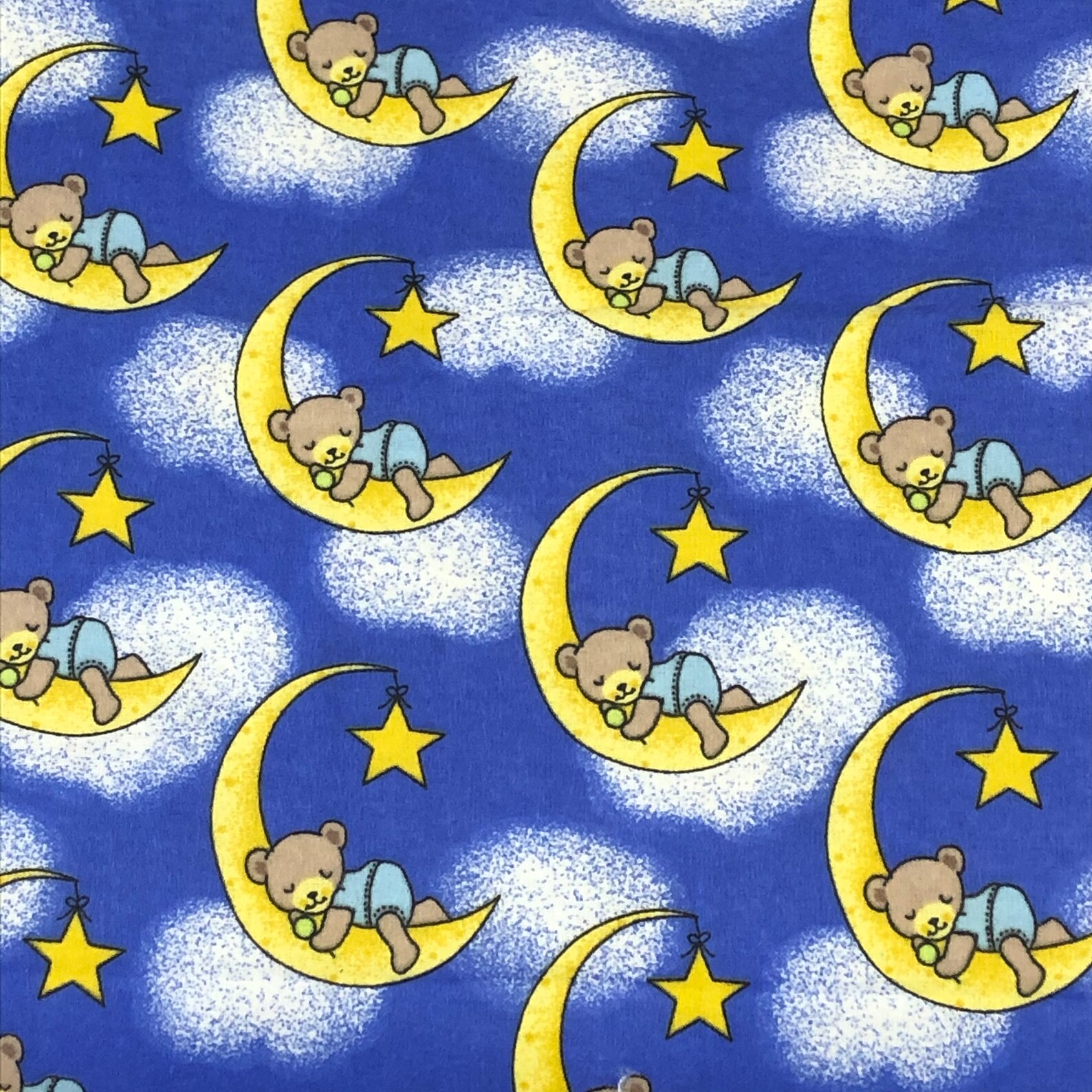Teddy bear moon flannel stars clouds blue yellow fabric Etsy