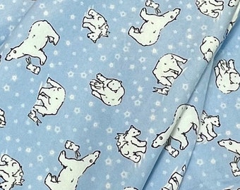 Polar bear, flannel fabric, blue flannel, white polar bear on blue, Alaska quilt, baby polar bear, sold by the yard