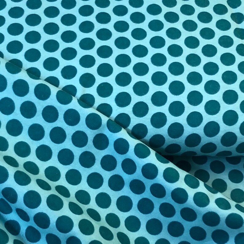 May include: Teal blue fabric with a white polka dot pattern.