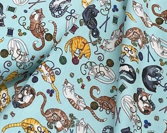Kitten kitty cat playing with yarn, Flannel fabric, top quality, cats on aqua, coordinate, tabby cat, sewing blanket material, cat lovers