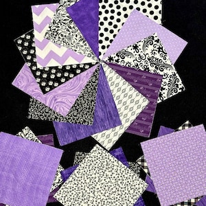 48 purple black white 7&quot; pre cut square quilt blocks, quilting fabric, flowers, stripes, black white, purple daisy, patchwork quilt